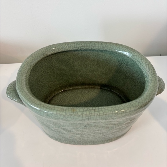 Vintage Chinese celadon crackle glaze porcelain planter oval shaped plant pot - Picture 6 of 11